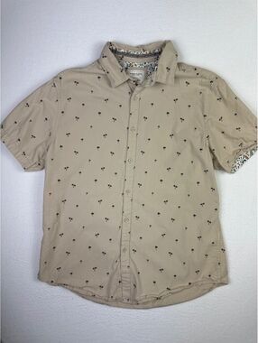 Denim & Flower Ricky Singh Beige Short Sleeve Button-Up Shirt with Palm Tree Emb